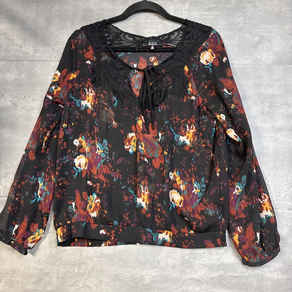 Black Saks Fifth Avenue Sheer Floral Print Intricate Lace Detail Tie Neck S